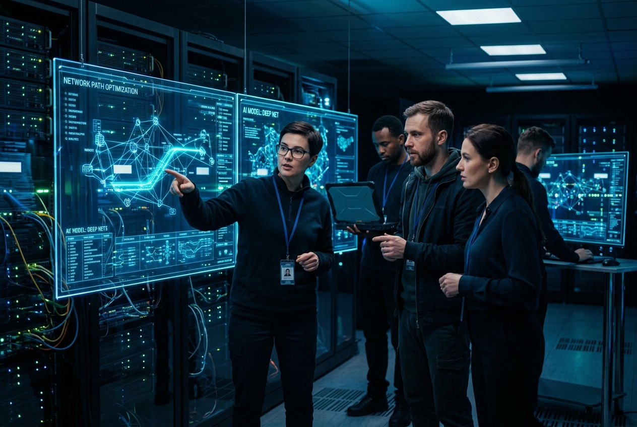 TUFF Networks AI team collaborating in a futuristic server room